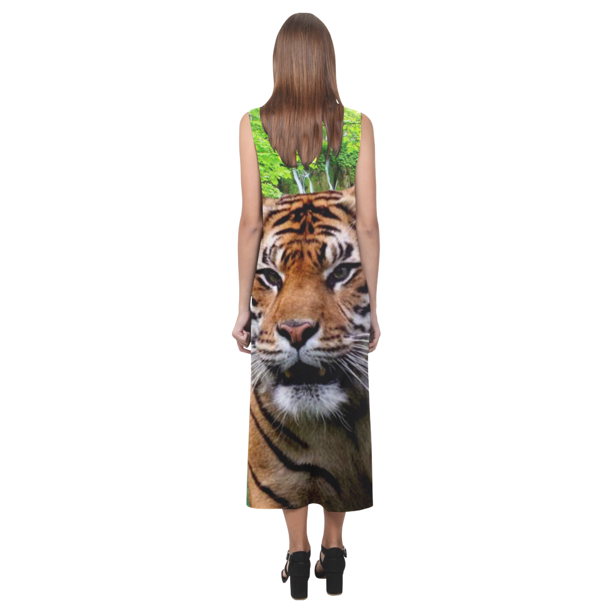 Tiger and Waterfall Phaedra Sleeveless Open Fork Long Dress (Model D08)