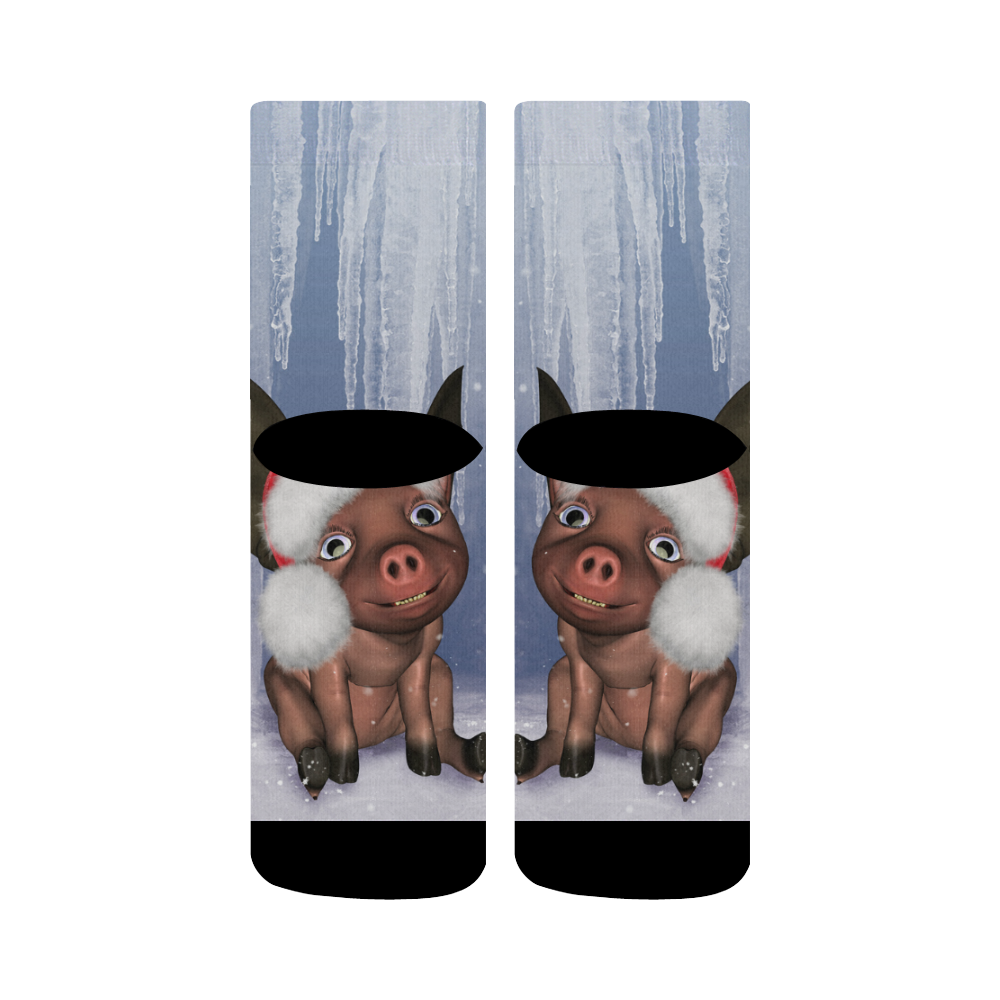 Christmas, cute little piglet with christmas hat Crew Socks