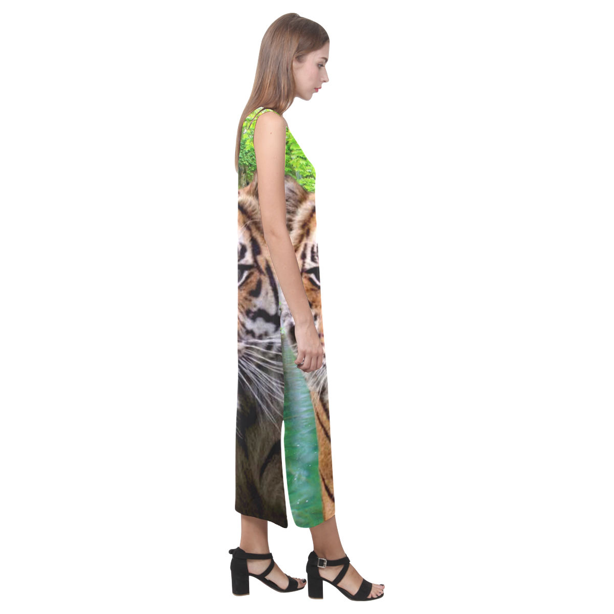 Tiger and Waterfall Phaedra Sleeveless Open Fork Long Dress (Model D08)