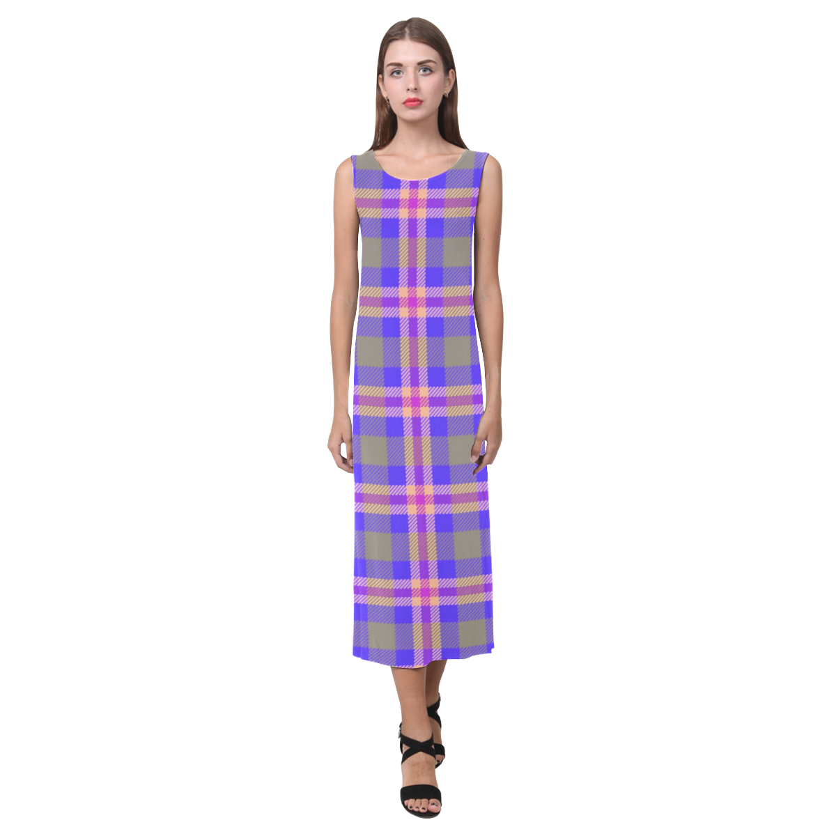 TARTAN PURPLE Phaedra Sleeveless Open Fork Long Dress (Model D08)