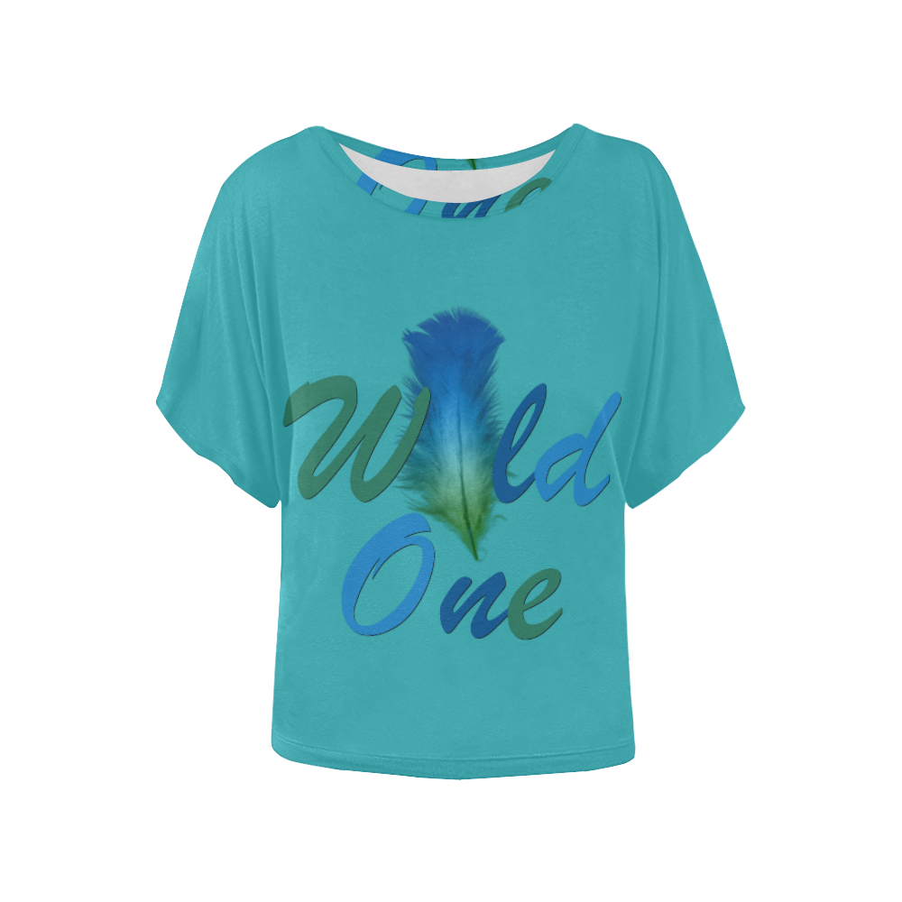Wild One Feather on Turq winged top Women's Batwing-Sleeved Blouse T shirt (Model T44)