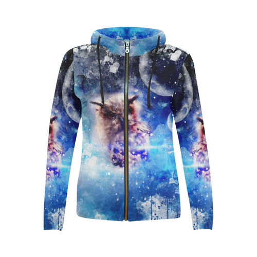Watercolor, owl in the unoverse All Over Print Full Zip Hoodie for Women (Model H14)