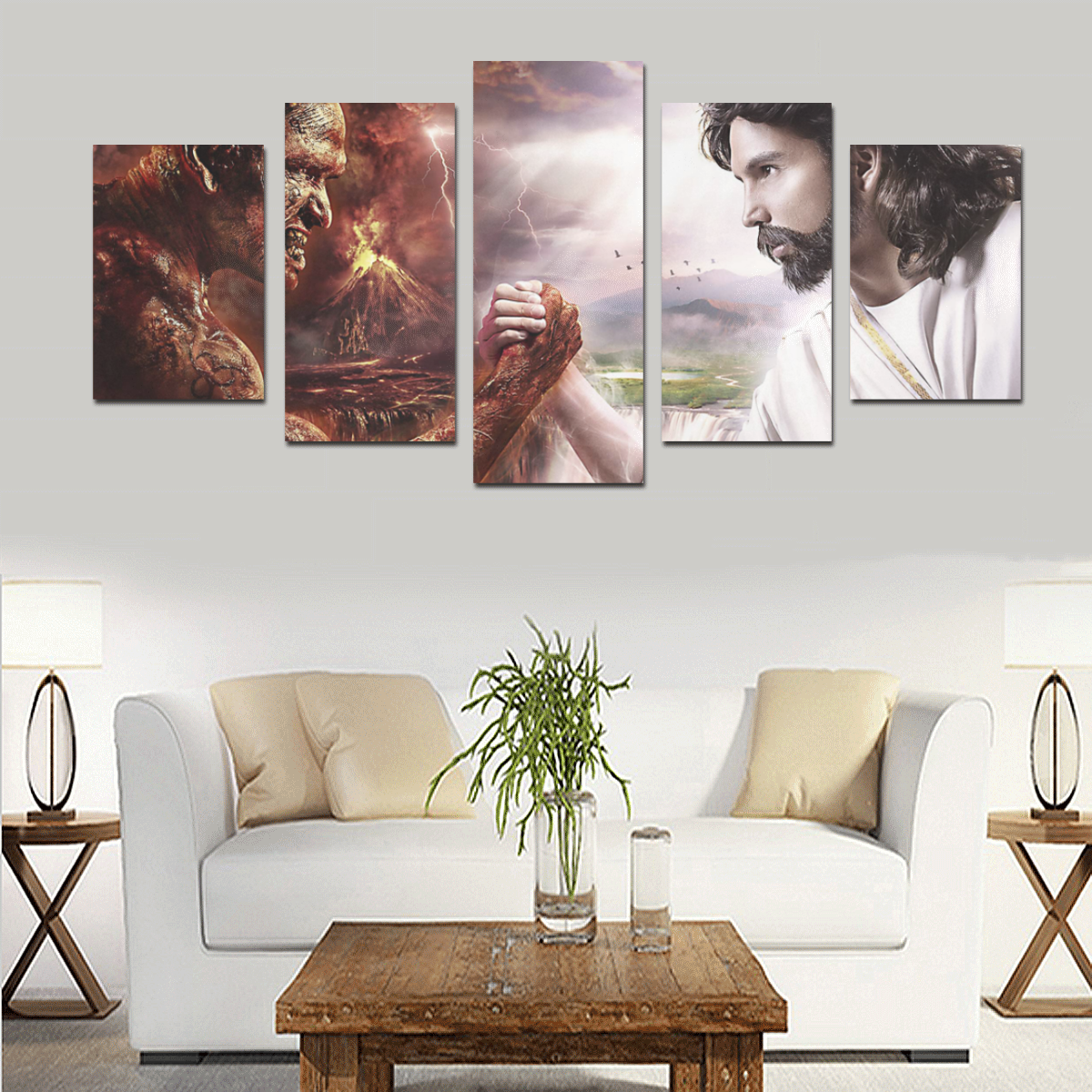 Jesus Devil Arm Wrestling Canvas Print Sets D (No Frame)