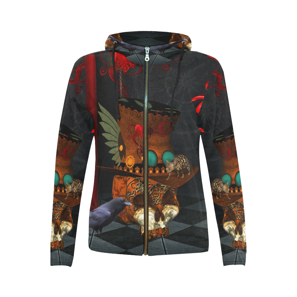 Steampunk skull with rat and hat All Over Print Full Zip Hoodie for Women (Model H14)