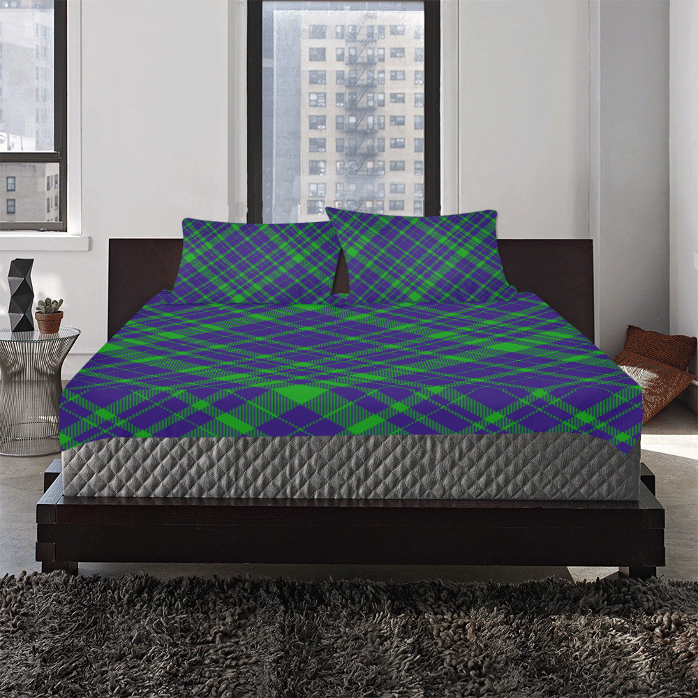 Diagonal Green & Purple Plaid Modern Style 3-Piece Bedding Set