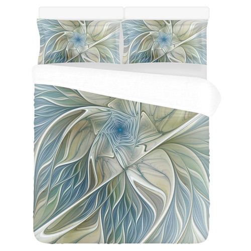 Floral Fantasy Pattern Abstract Blue Khaki Fractal 3-Piece Bedding Set
