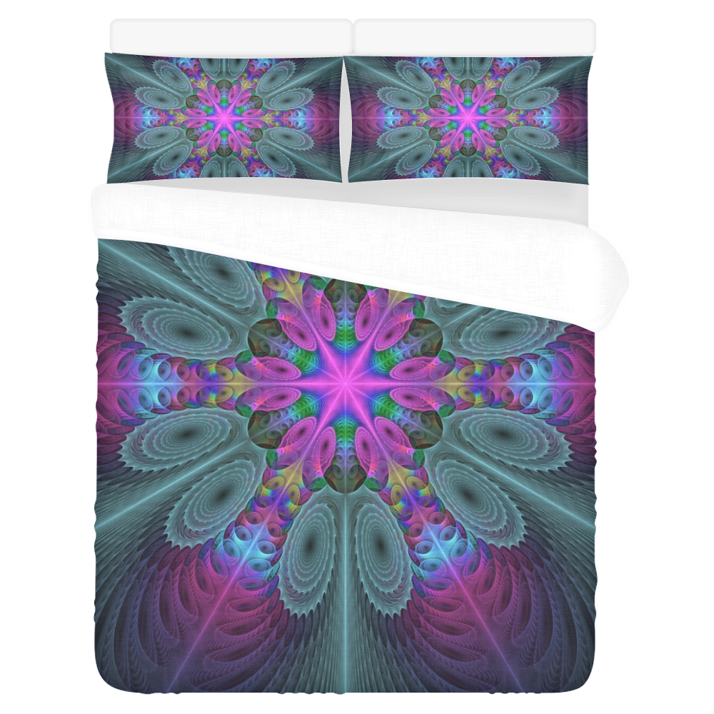 Mandala From Center Colorful Fractal Art With Pink 3-Piece Bedding Set