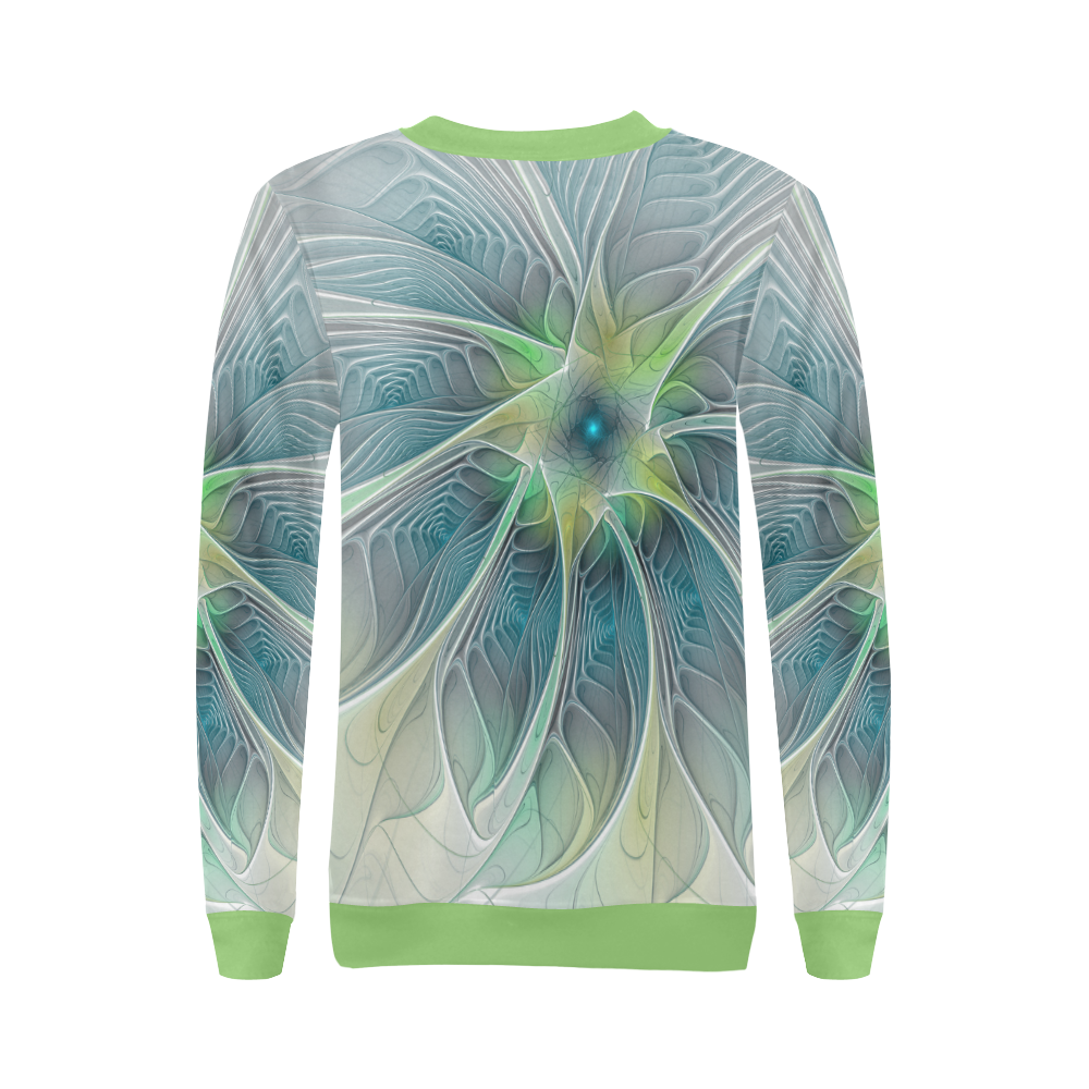 Floral Fantasy Abstract Blue Green Fractal Flower All Over Print Crewneck Sweatshirt for Women (Model H18)