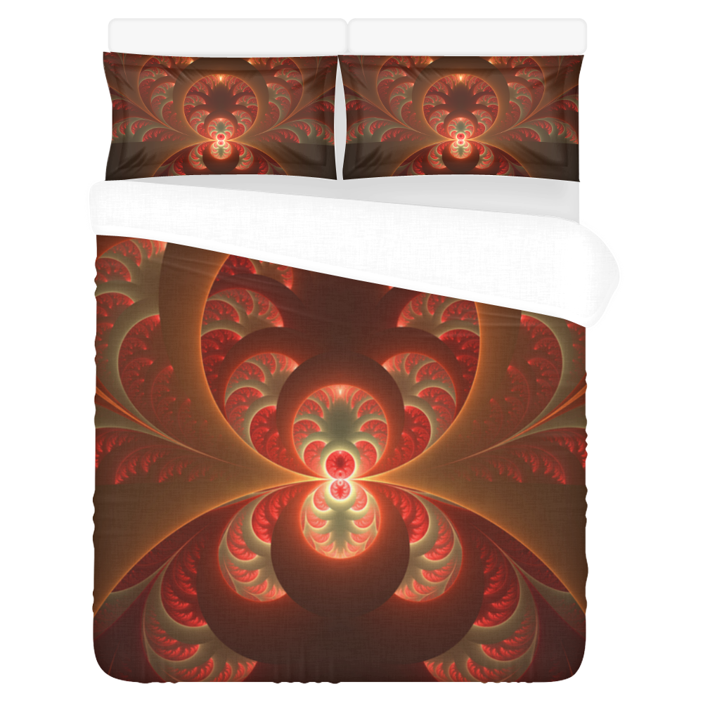 Magical Luminous Red Orange Fractal Art 3-Piece Bedding Set
