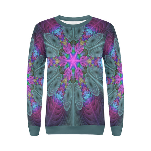 Mandala From Center Colorful Fractal Art With Pink All Over Print Crewneck Sweatshirt for Women (Model H18)
