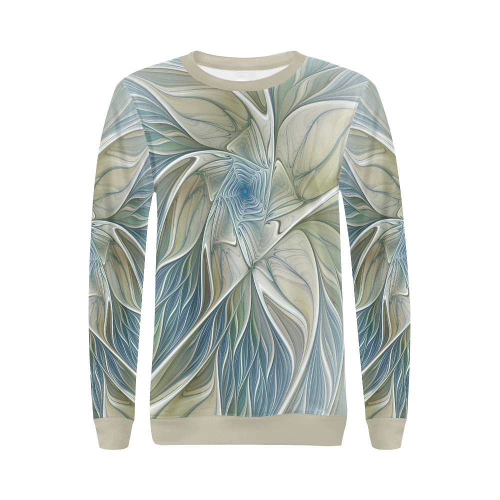 Floral Fantasy Pattern Abstract Blue Khaki Fractal All Over Print Crewneck Sweatshirt for Women (Model H18)