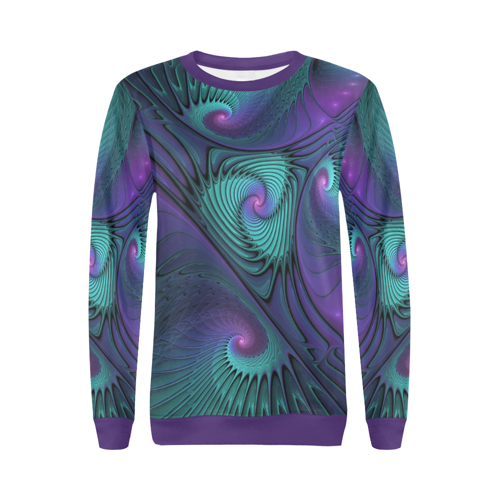 Purple meets Turquoise modern abstract Fractal Art All Over Print Crewneck Sweatshirt for Women (Model H18)