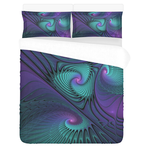 Purple meets Turquoise modern abstract Fractal Art 3-Piece Bedding Set