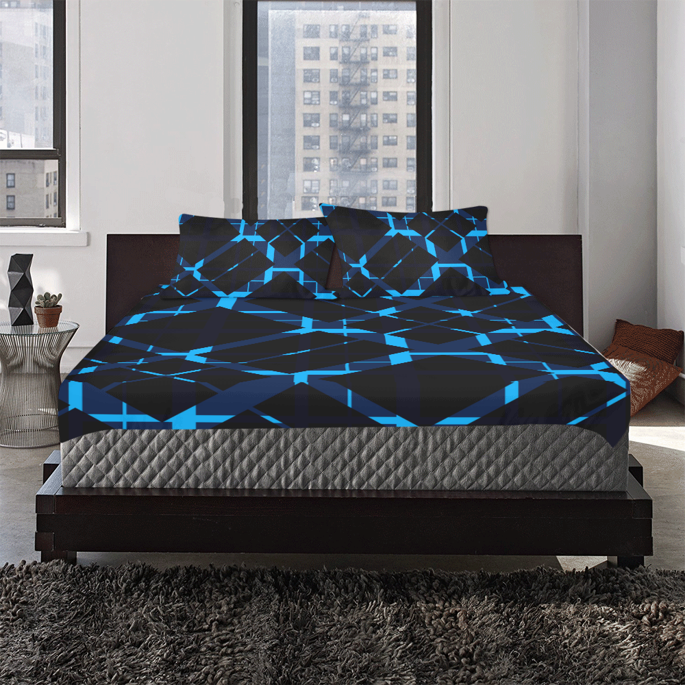 Diagonal Blue & Black Plaid Modern Style 3-Piece Bedding Set