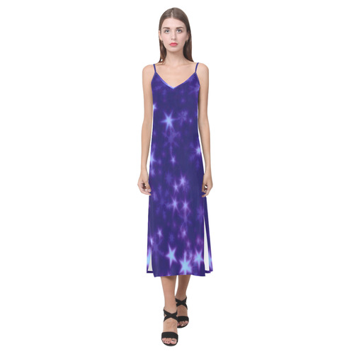 Blurry Stars blue by FeelGood V-Neck Open Fork Long Dress(Model D18)