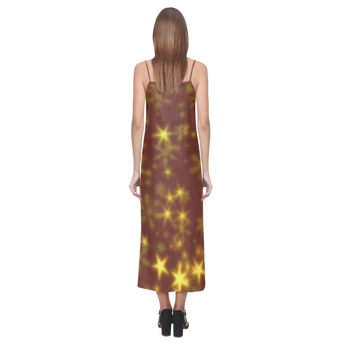 Blurry Stars golden by FeelGood V-Neck Open Fork Long Dress(Model D18)