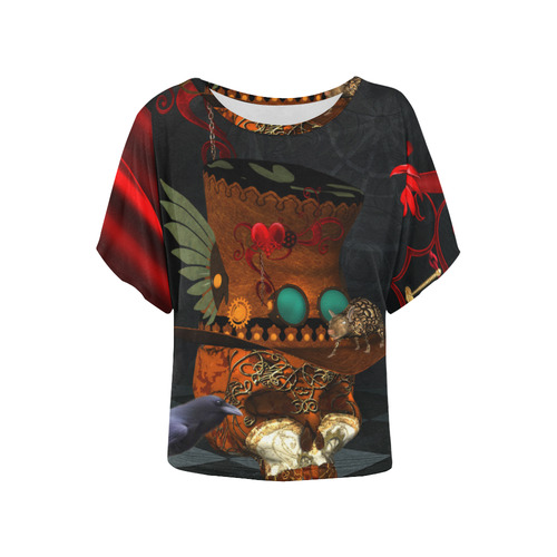 Steampunk skull with rat and hat Women's Batwing-Sleeved Blouse T shirt (Model T44)