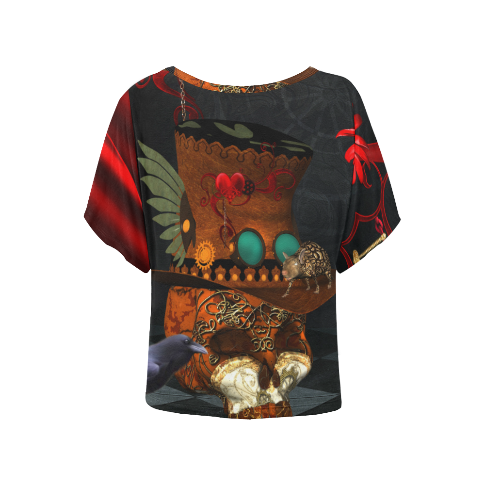 Steampunk skull with rat and hat Women's Batwing-Sleeved Blouse T shirt (Model T44)