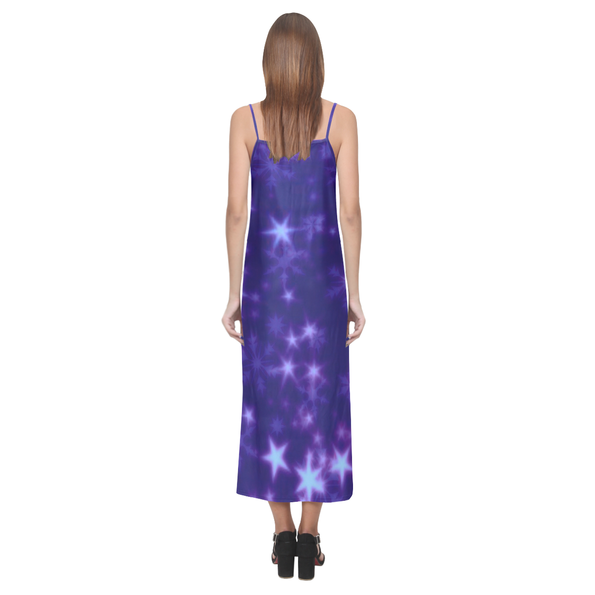 Blurry Stars blue by FeelGood V-Neck Open Fork Long Dress(Model D18)