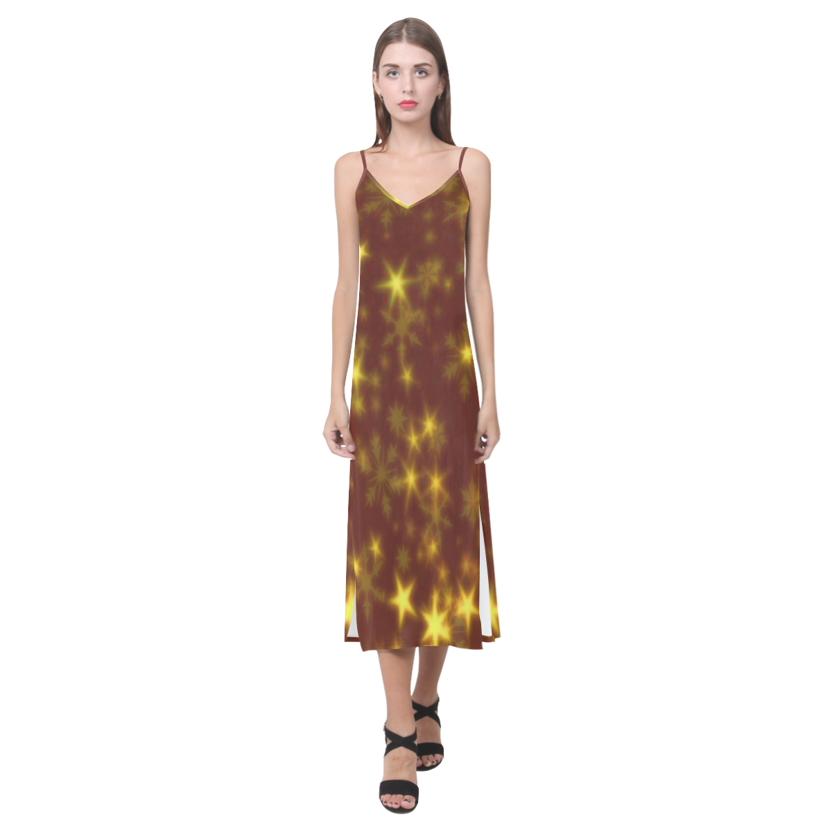 Blurry Stars golden by FeelGood V-Neck Open Fork Long Dress(Model D18)