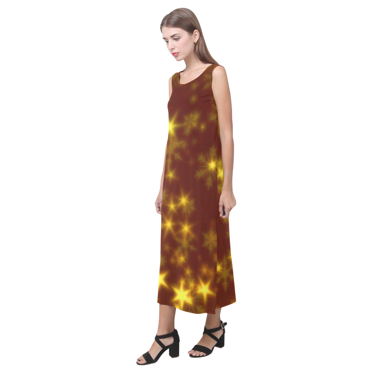 Blurry Stars golden by FeelGood Phaedra Sleeveless Open Fork Long Dress (Model D08)