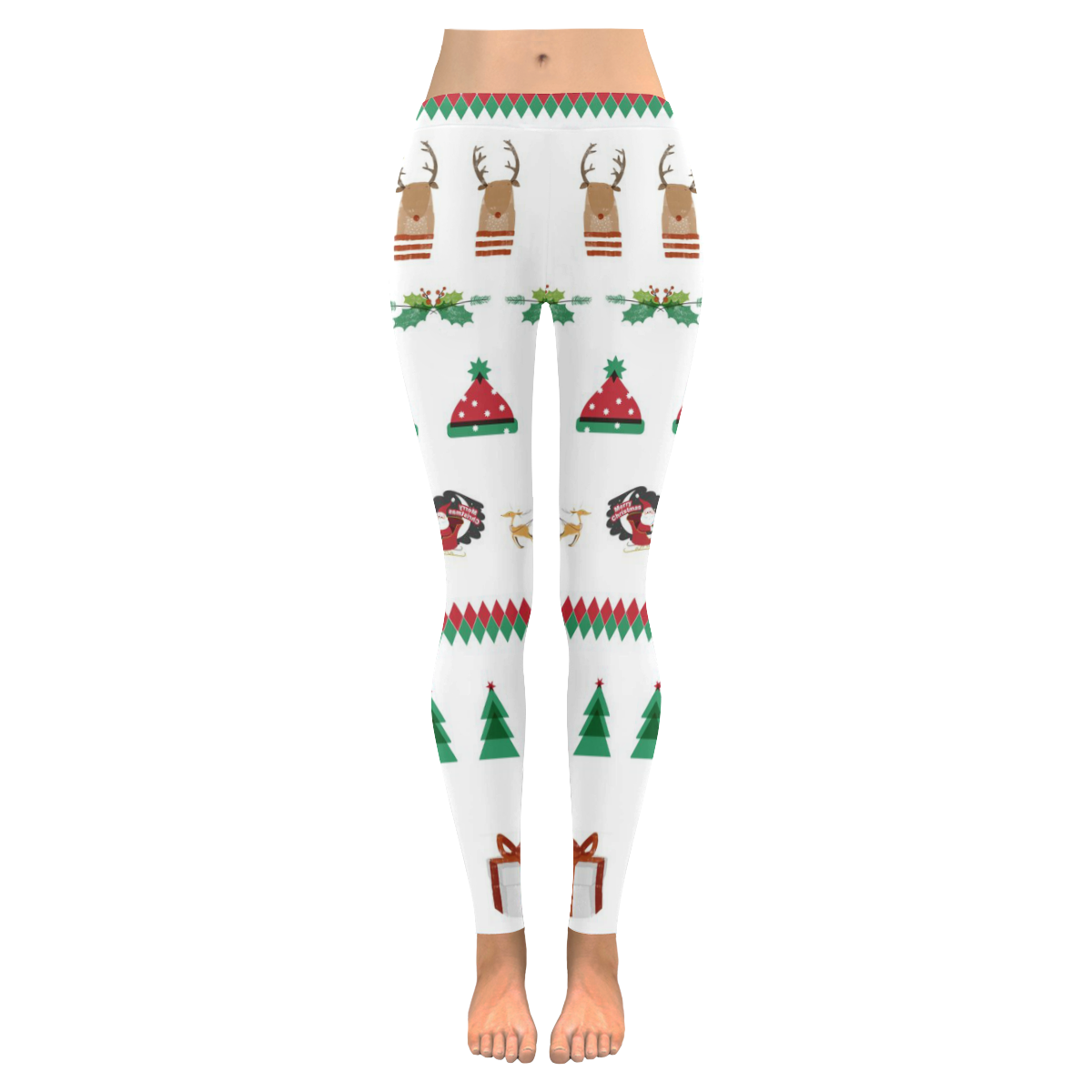 Leggings Christmas Tree Santa Reindeer Presents Red Green Women's Low Rise Leggings (Invisible Stitch) (Model L05)