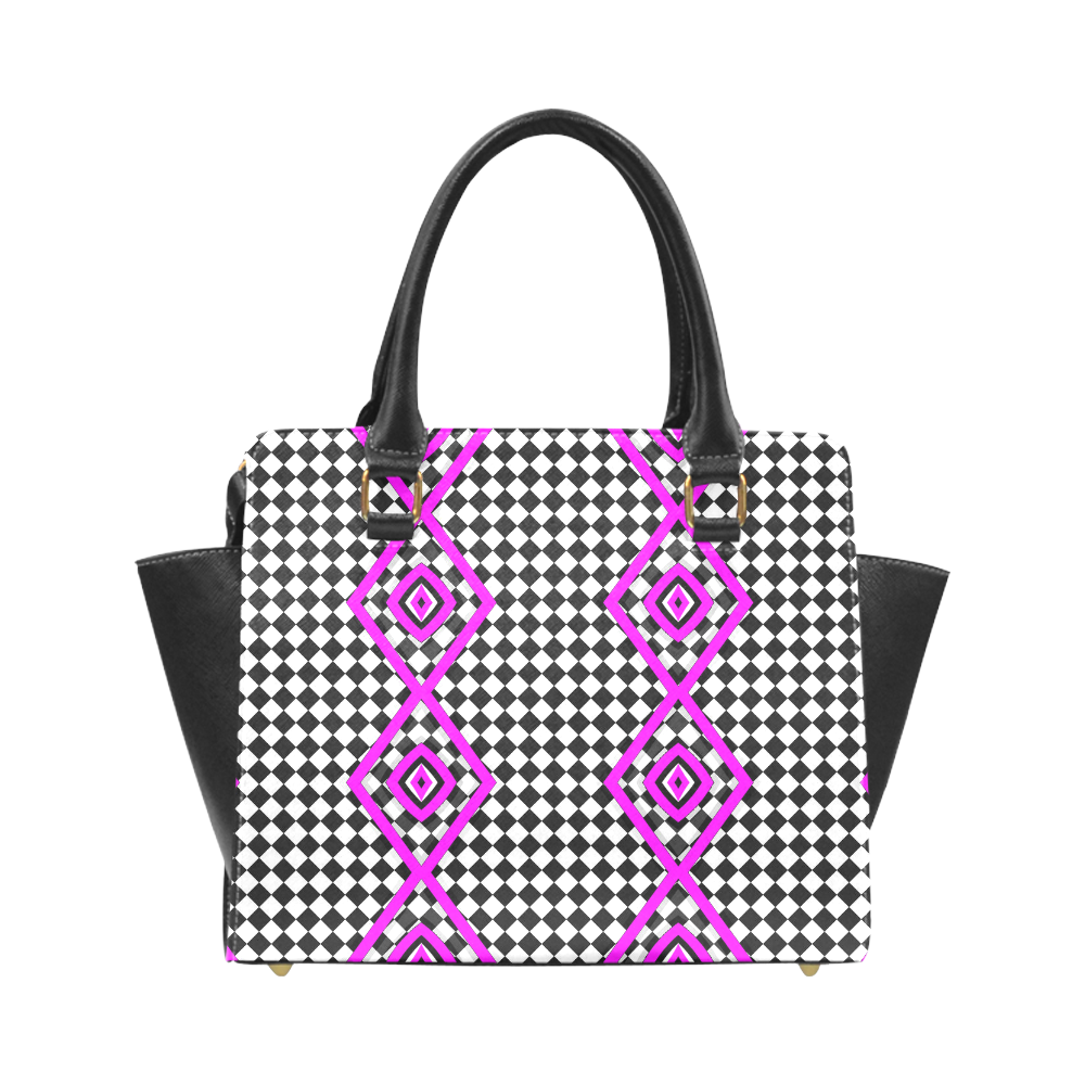 Handbag pink diamonds black white check pattern Rivet Shoulder Handbag (Model 1645)