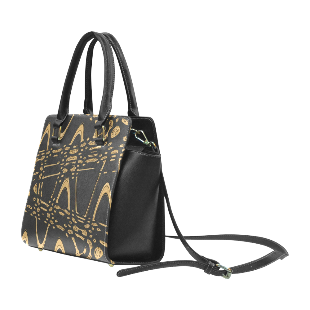 Handbag Leopard Black Zig Zag Pattern Rivet Shoulder Handbag (Model 1645)