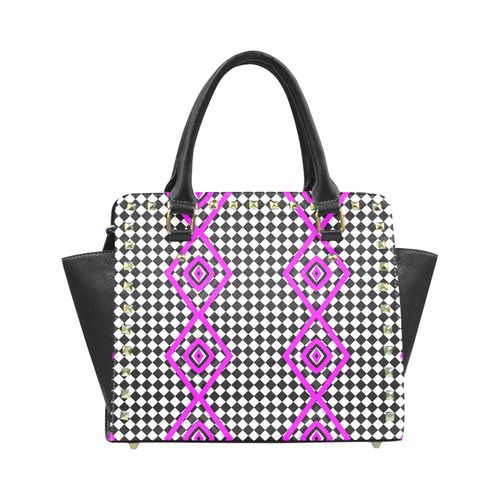 Handbag pink diamonds black white check pattern Rivet Shoulder Handbag (Model 1645)