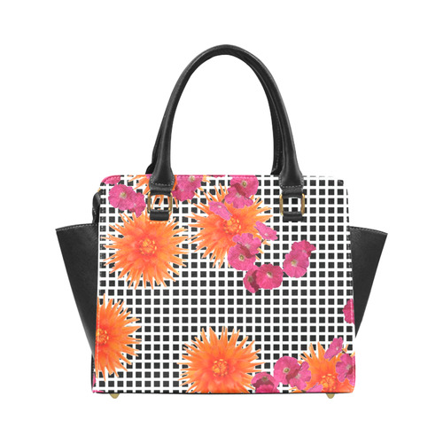 Handbag Black White Check Orange Pink Flowers Rivet Shoulder Handbag (Model 1645)
