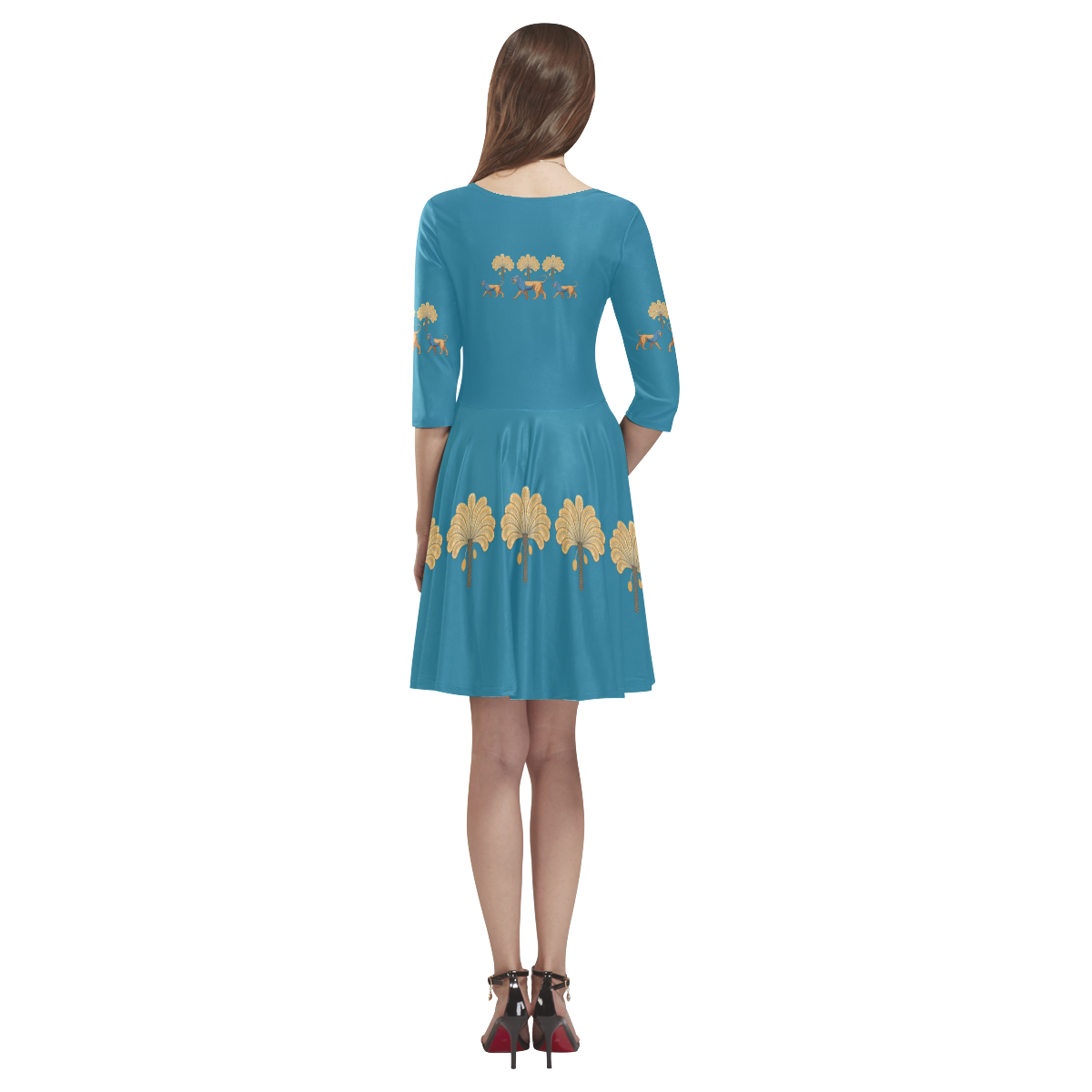 Assyrian Folk Art Blue Dress Tethys Half-Sleeve Skater Dress(Model D20)