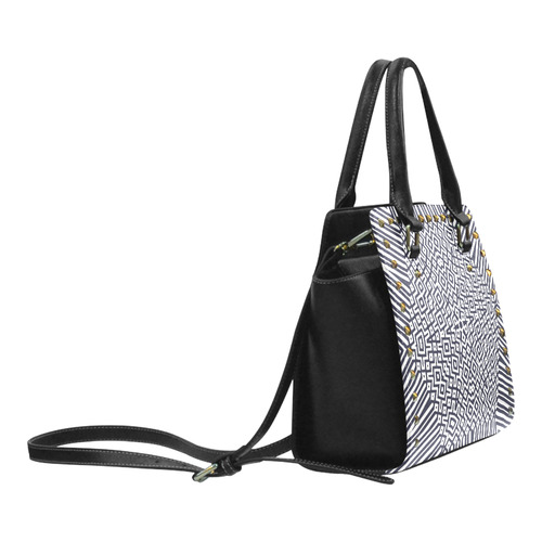 Handbag black white stripes diamond pattern Rivet Shoulder Handbag (Model 1645)