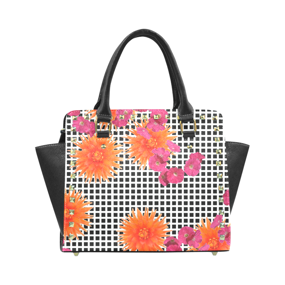 Handbag Black White Check Orange Pink Flowers Rivet Shoulder Handbag (Model 1645)