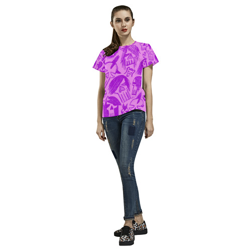 Purple Skull Sketches All Over Print T-Shirt for Women (USA Size) (Model T40)