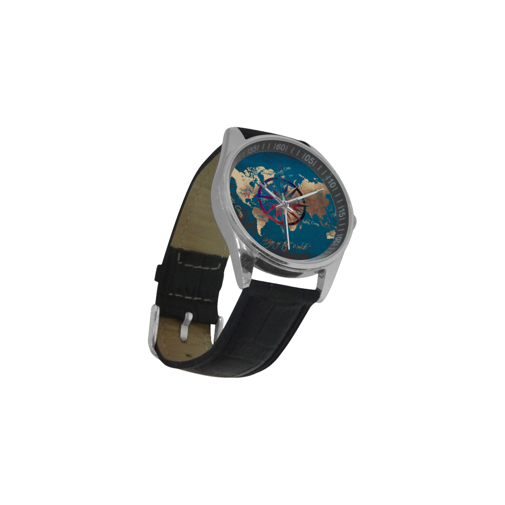 world map wind rose #map #worldmap Men's Casual Leather Strap Watch(Model 211)