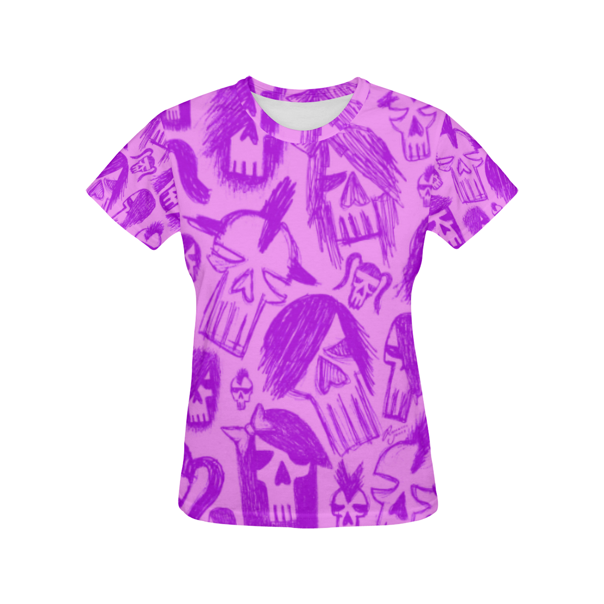 Purple Skull Sketches All Over Print T-Shirt for Women (USA Size) (Model T40)