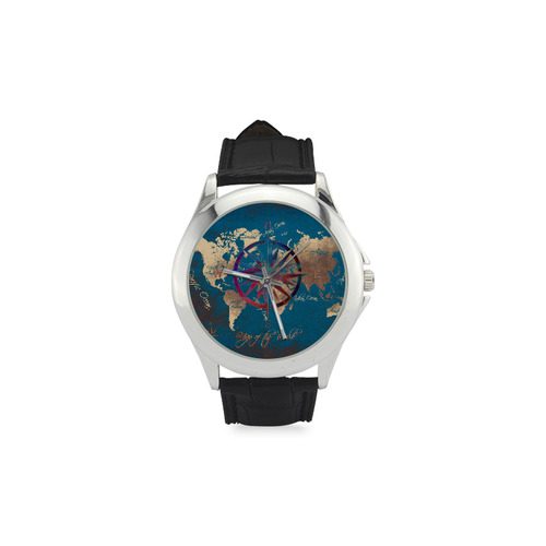 world map wind rose #map #worldmap Women's Classic Leather Strap Watch(Model 203)