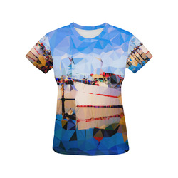 Boats in Harbor Low Polygon Art All Over Print T-Shirt for Women (USA Size) (Model T40)