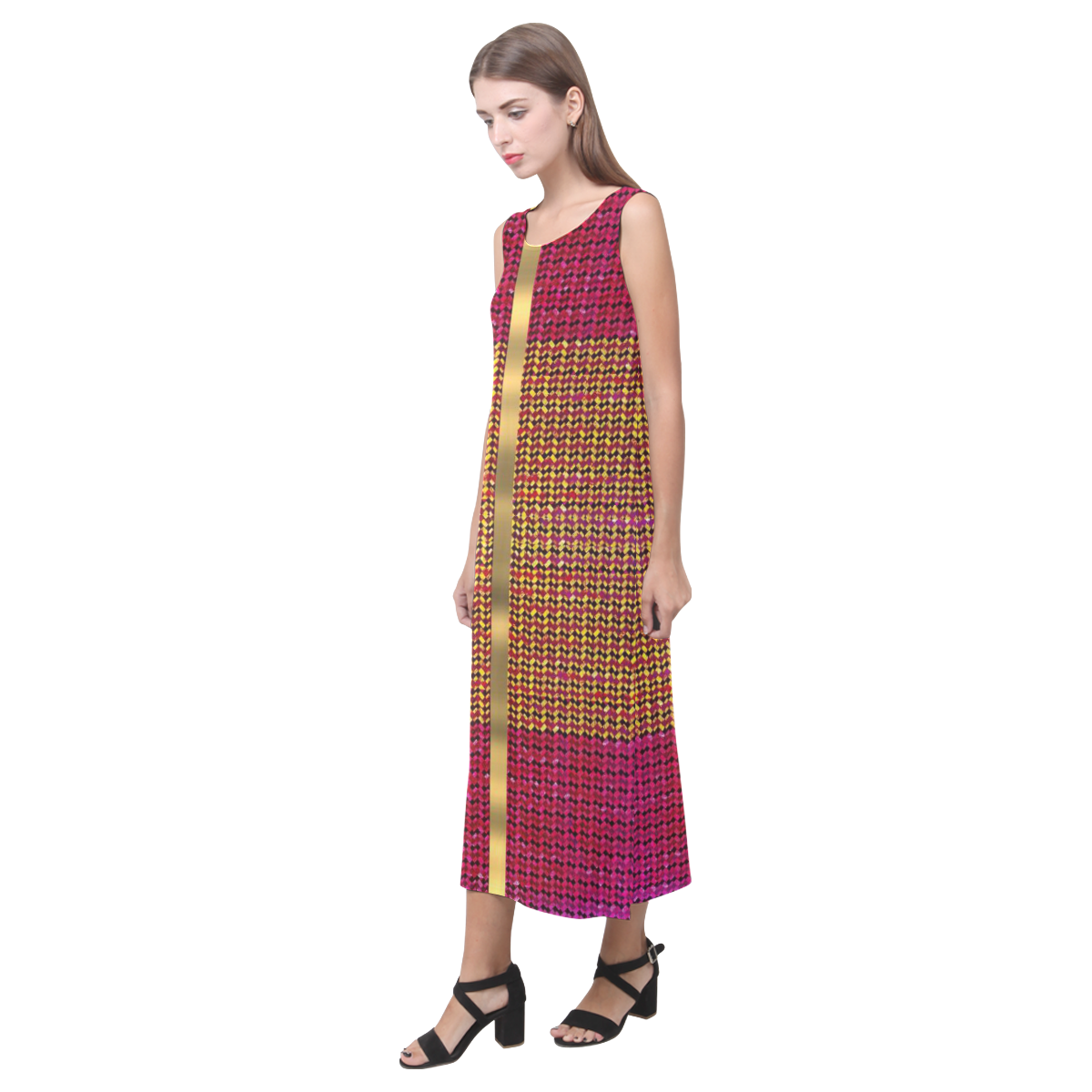 Patch quilt abstract Phaedra Sleeveless Open Fork Long Dress (Model D08)