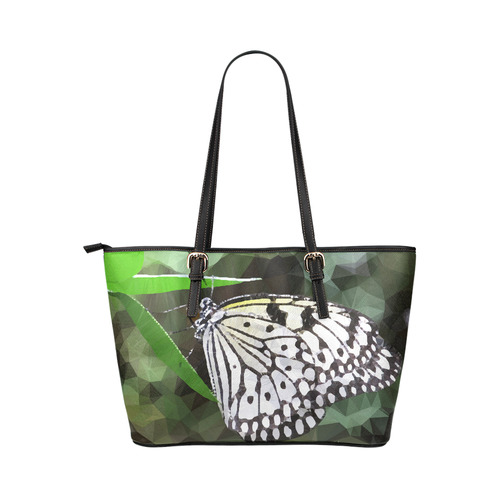 Butterfly Green Leaves Low Poly Geometric Polygons Leather Tote Bag/Large (Model 1651)