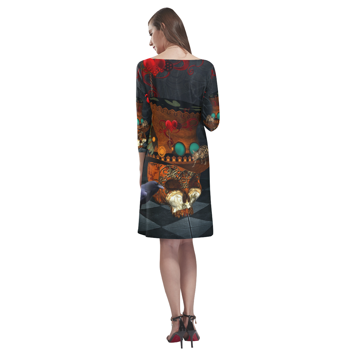 Steampunk skull with rat and hat Rhea Loose Round Neck Dress(Model D22)