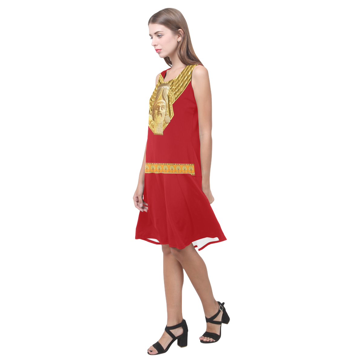 Assyrian Golden lamassu Sleeveless Splicing Shift Dress(Model D17)