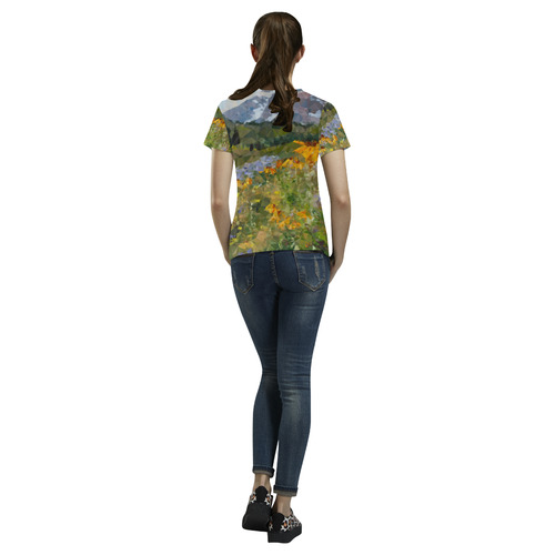 Mountain Floral Landscape Low Polygon Art All Over Print T-Shirt for Women (USA Size) (Model T40)