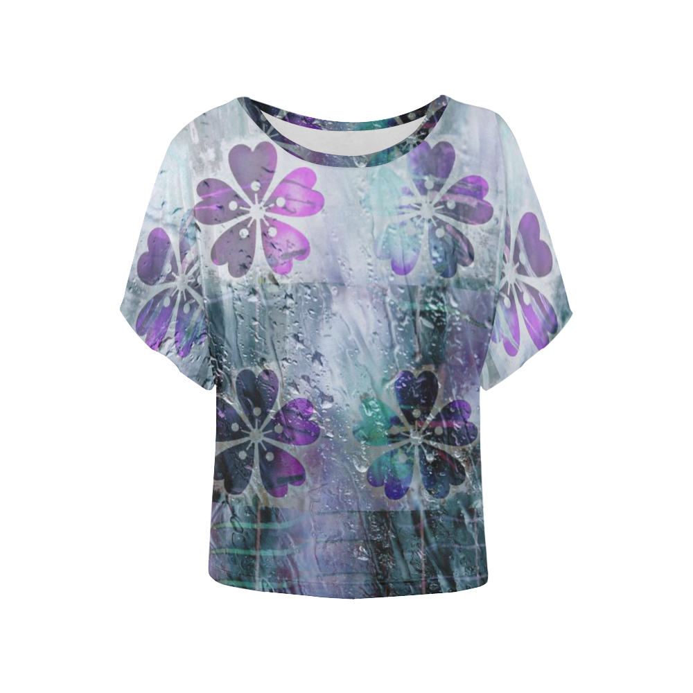Purple flowers, and rain drops Women's Batwing-Sleeved Blouse T shirt (Model T44)