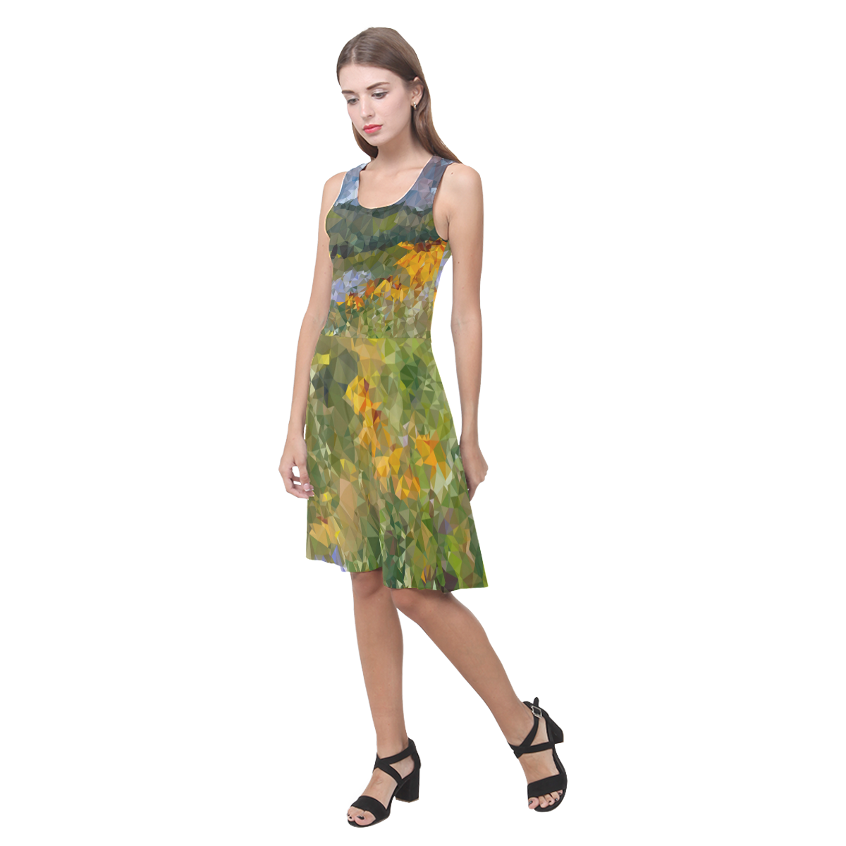 Mountain Floral Landscape Low Polygon Art Atalanta Casual Sundress(Model D04)