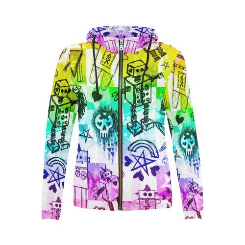 Rainbow Scene Kid Sketches All Over Print Full Zip Hoodie for Women (Model H14)