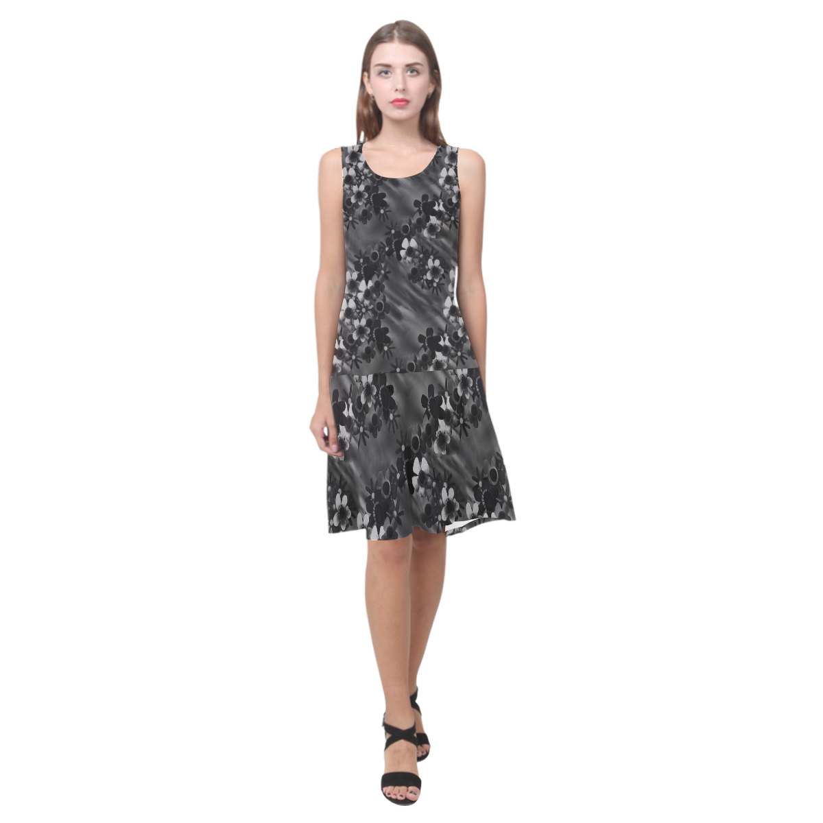 Black Blossoms Sleeveless Splicing Shift Dress(Model D17)