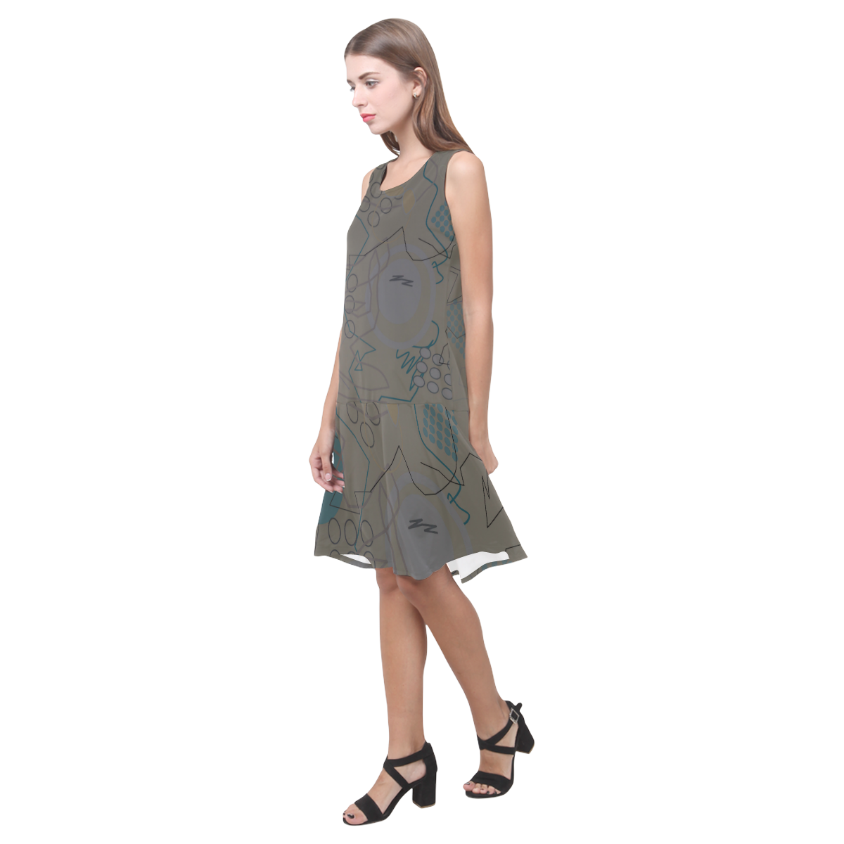 Abstract 8 brown Sleeveless Splicing Shift Dress(Model D17)