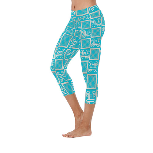 african adinkra turquoise pattern Women's Low Rise Capri Leggings (Invisible Stitch) (Model L08)
