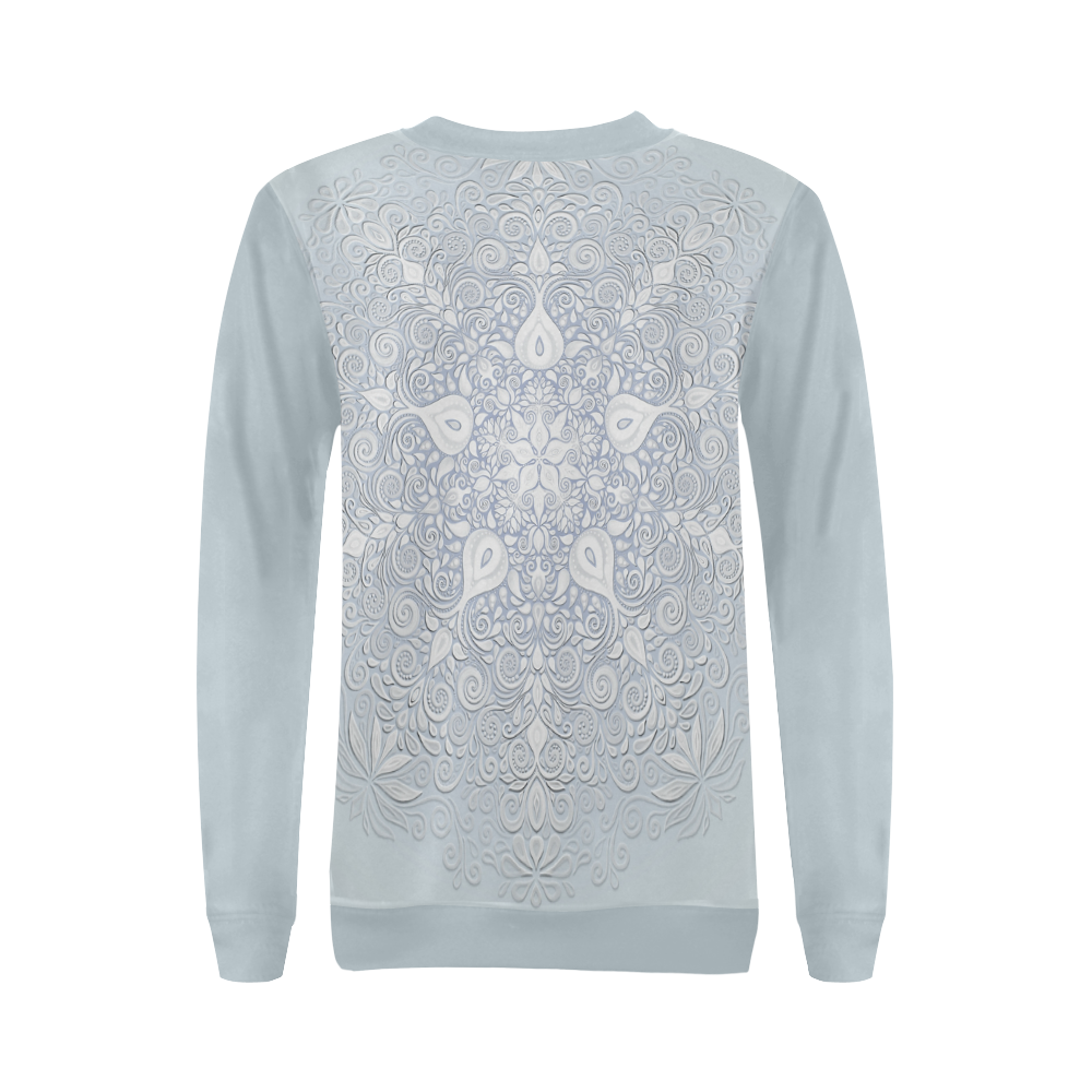White and Blue Watercolor Mandala Pattern All Over Print Crewneck Sweatshirt for Women (Model H18)